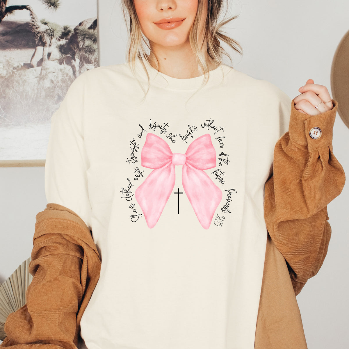 Proverbs 31:25 Verse Bow Pink - Adult Softstyle T-Shirt