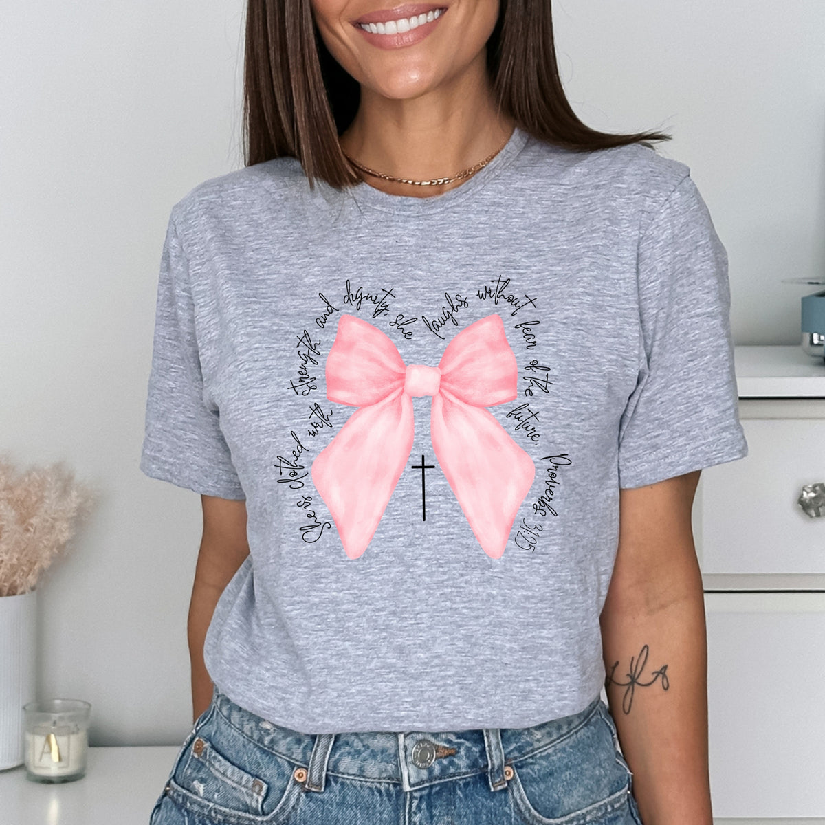 Proverbs 31:25 Verse Bow Pink - Adult Softstyle T-Shirt