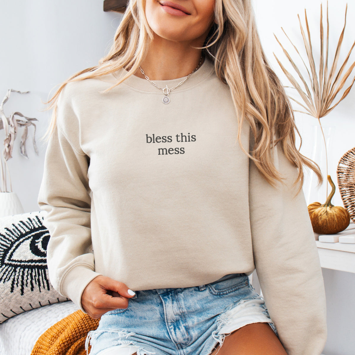 Bless This Mess Embroidered - Adult Crewneck Sweatshirt