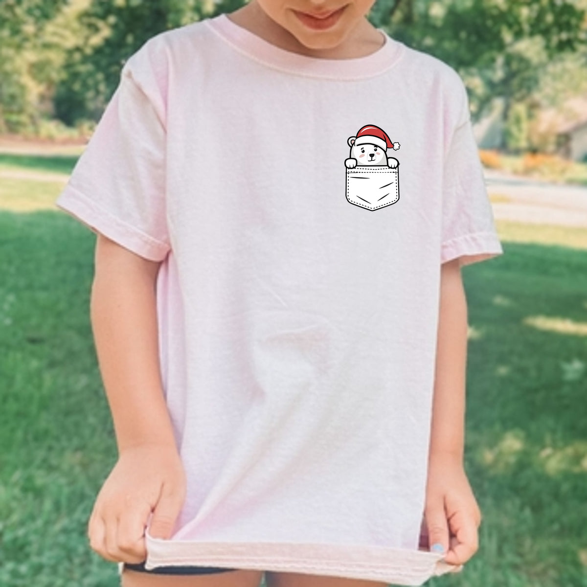 Christmas Polar Bear Pocket Print Kids - Youth Comfort Colors T-Shirt