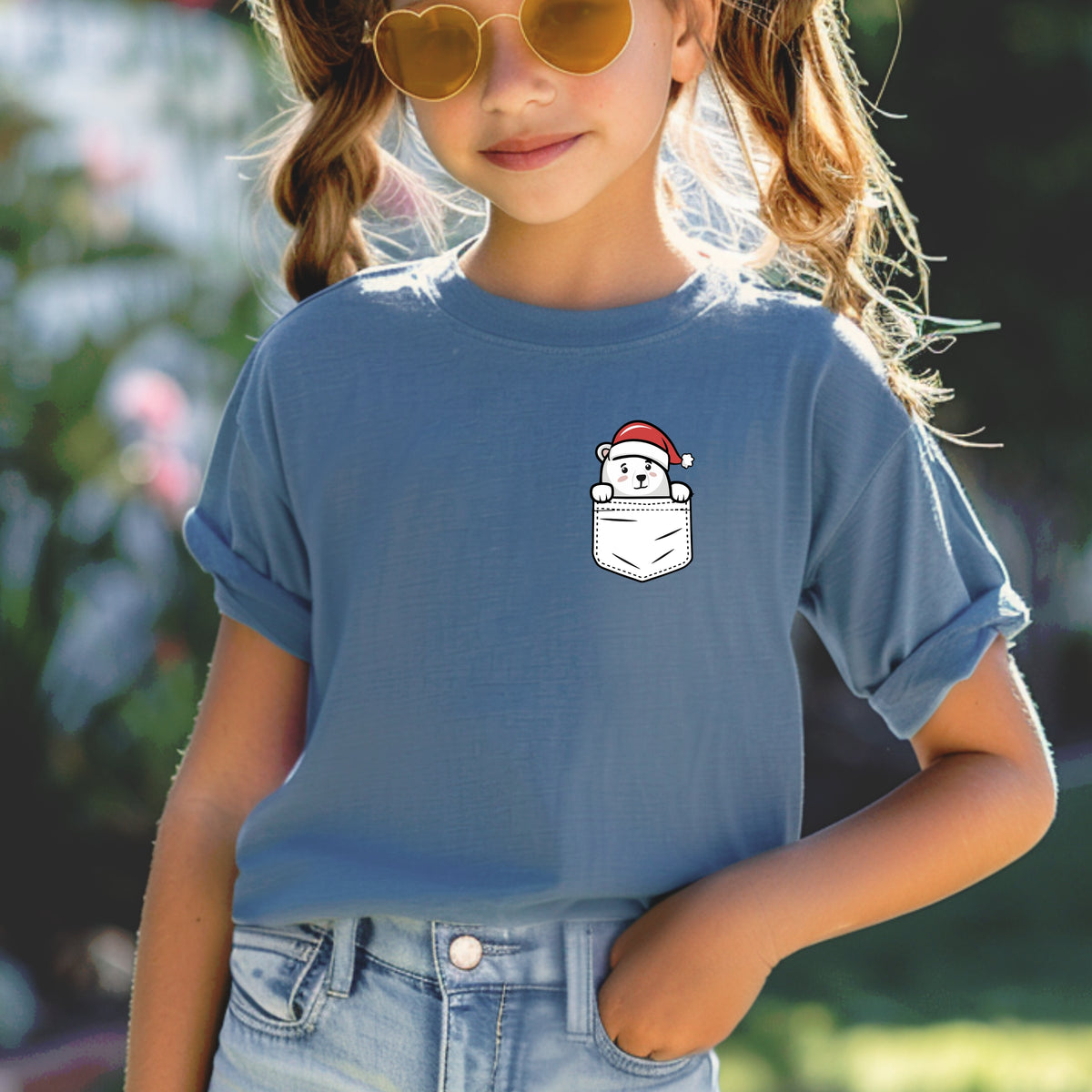 Christmas Polar Bear Pocket Print Kids - Youth Comfort Colors T-Shirt