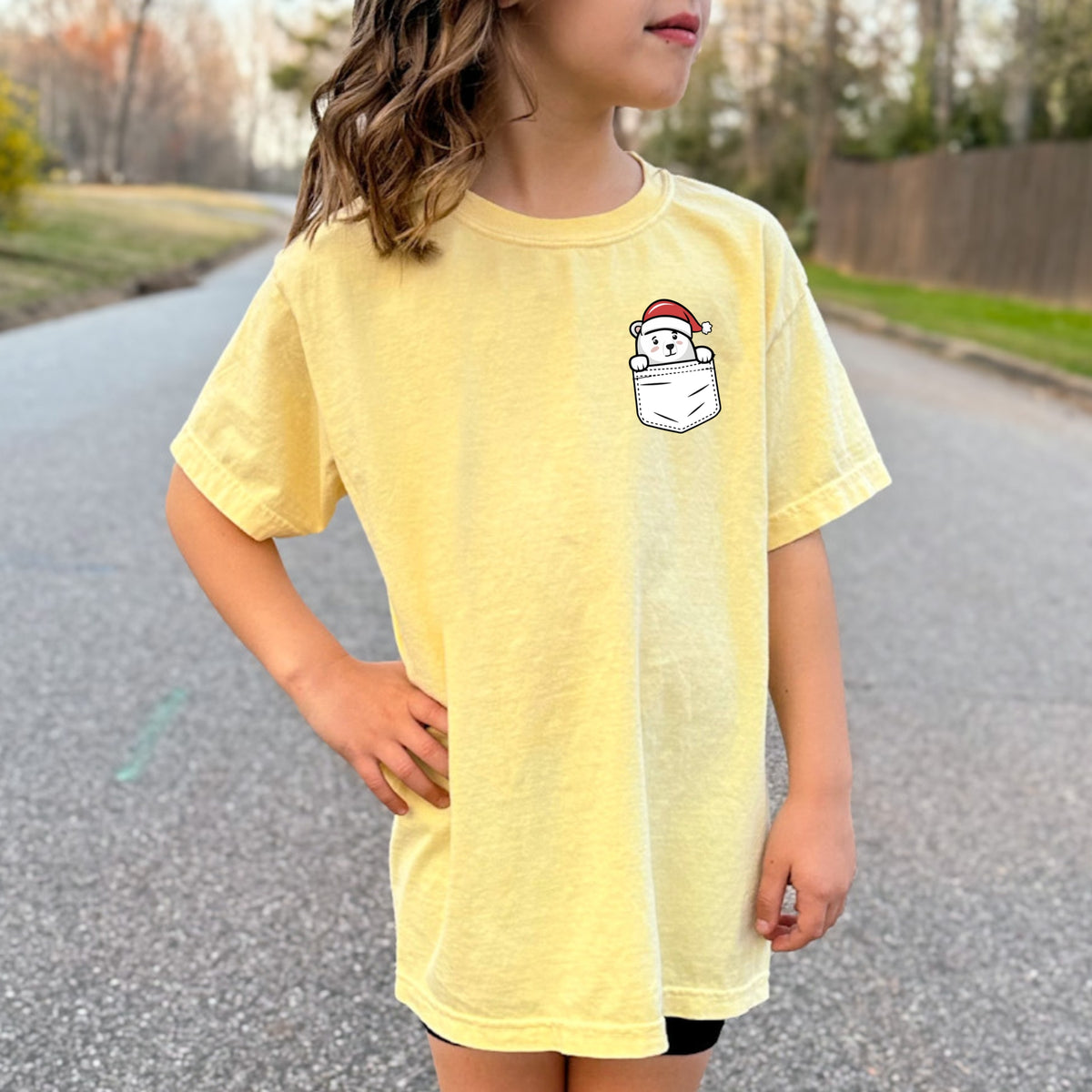 Christmas Polar Bear Pocket Print Kids - Youth Comfort Colors T-Shirt