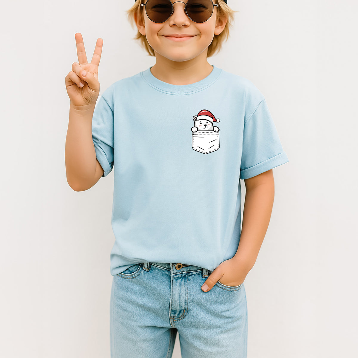 Christmas Polar Bear Pocket Print Kids - Youth Comfort Colors T-Shirt