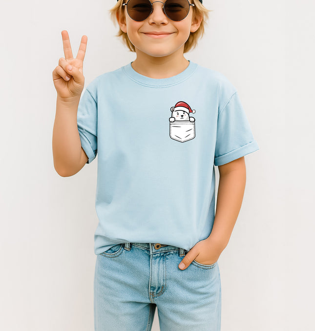 Christmas Polar Bear Pocket Print Kids - Youth Comfort Colors T-Shirt