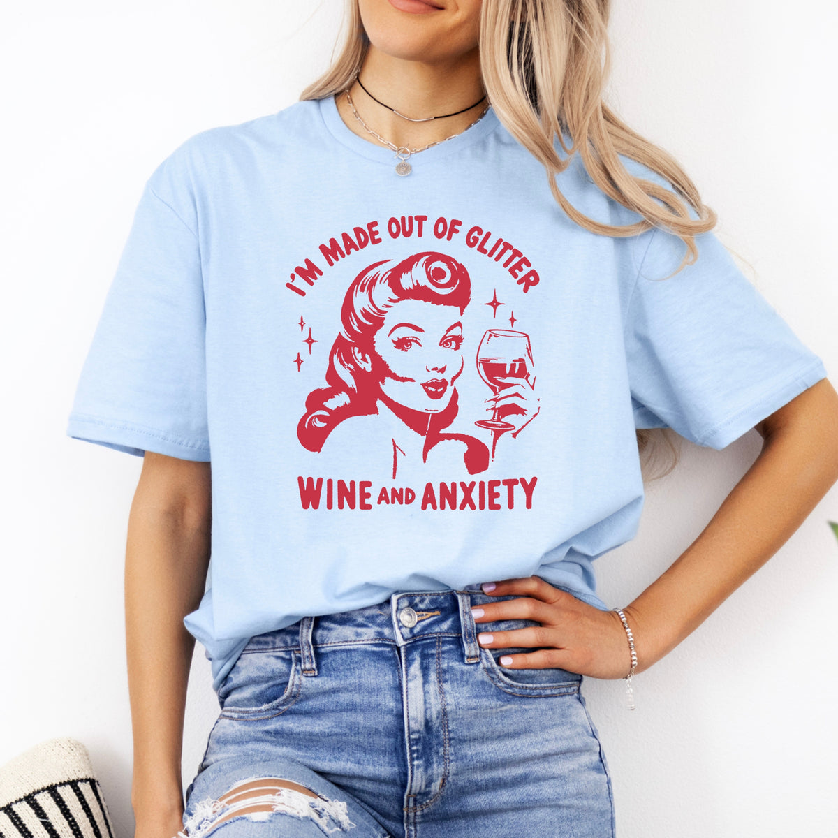 I'm Made out of Glitter, Wine, and Anxiety Tee – Viral T-Shirt, Soft Girl Vibes, Wine Mood - Softstyle 100% Cotton T-Shirt – Comfy Unisex Fit, Premium Quality Tee