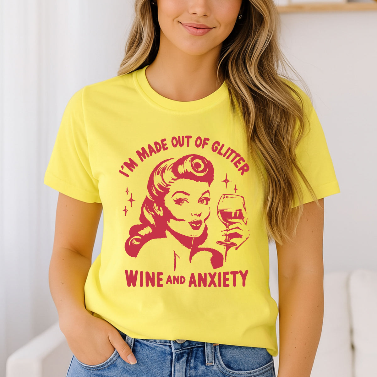 I'm Made out of Glitter, Wine, and Anxiety Tee – Viral T-Shirt, Soft Girl Vibes, Wine Mood - Softstyle 100% Cotton T-Shirt – Comfy Unisex Fit, Premium Quality Tee