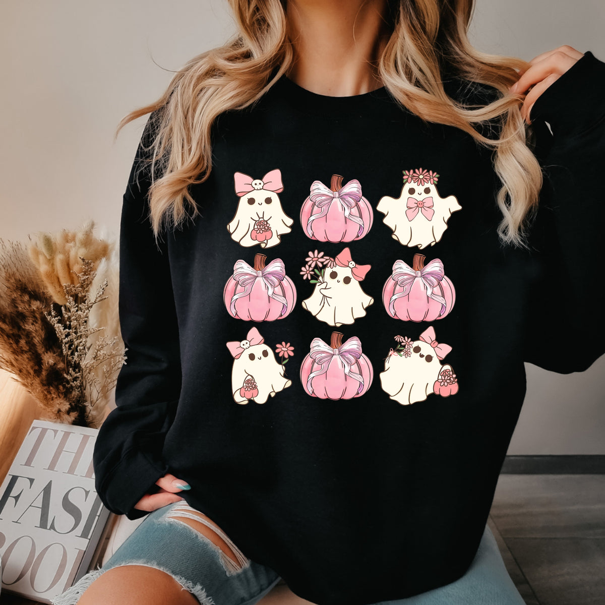Cute Pink Ghost Halloween - Adult Crewneck Sweatshirt