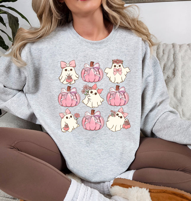  Cute Pink Ghost Halloween - Halloween Cute Gift, Pink Halloween Vibes T-shirt, Aesthetic Halloween Tee - Crewneck Sweatshirt