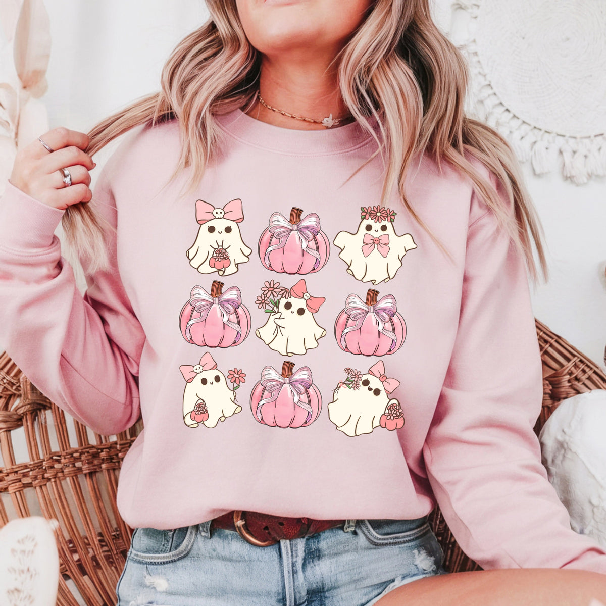 Cute Pink Ghost Halloween - Adult Crewneck Sweatshirt