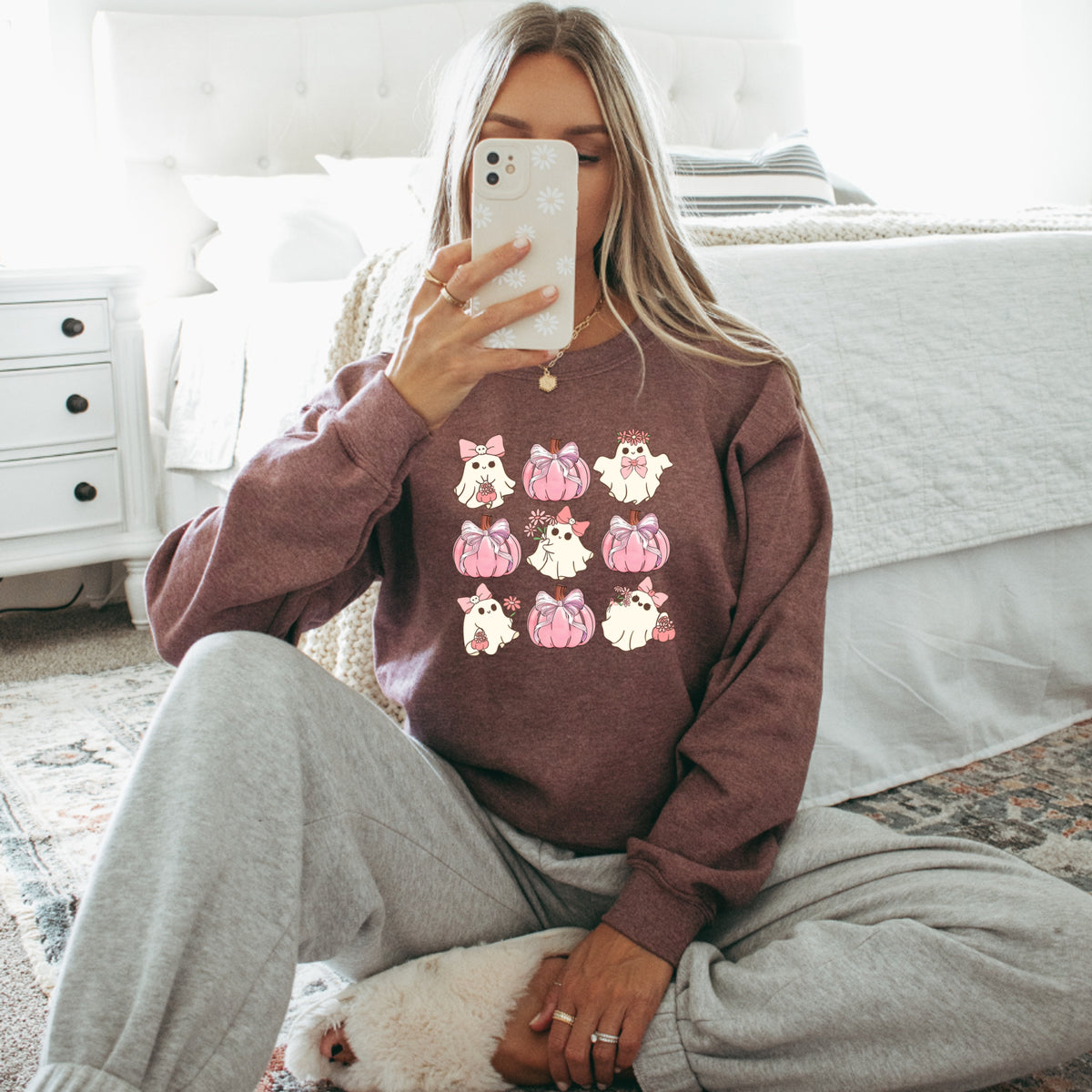 Cute Pink Ghost Halloween - Adult Crewneck Sweatshirt