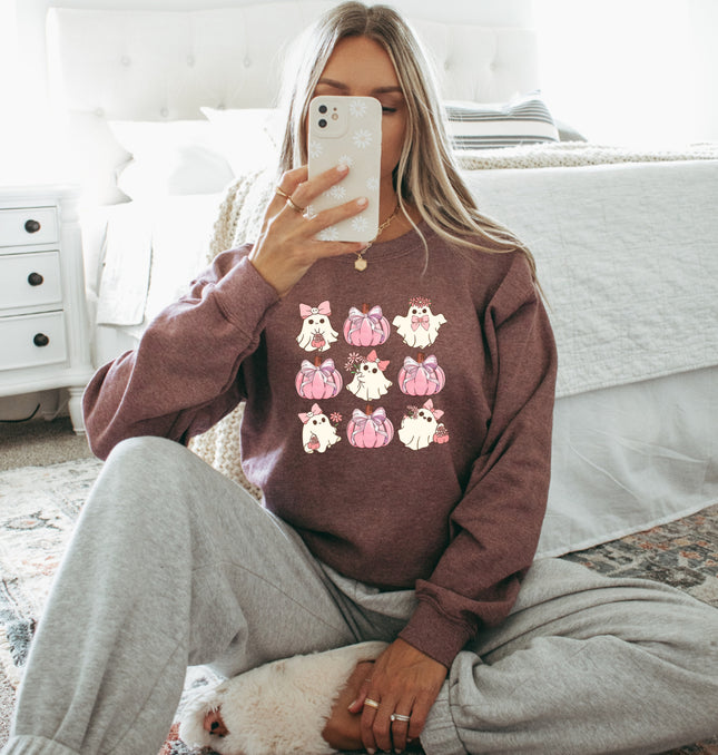 Cute Pink Ghost Halloween - Adult Crewneck Sweatshirt