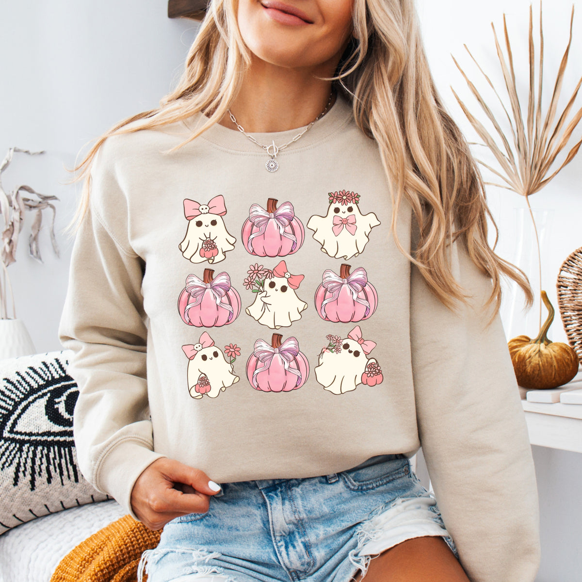 Cute Pink Ghost Halloween - Adult Crewneck Sweatshirt