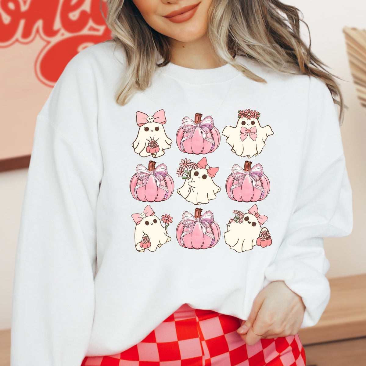 Cute Pink Ghost Halloween - Adult Crewneck Sweatshirt