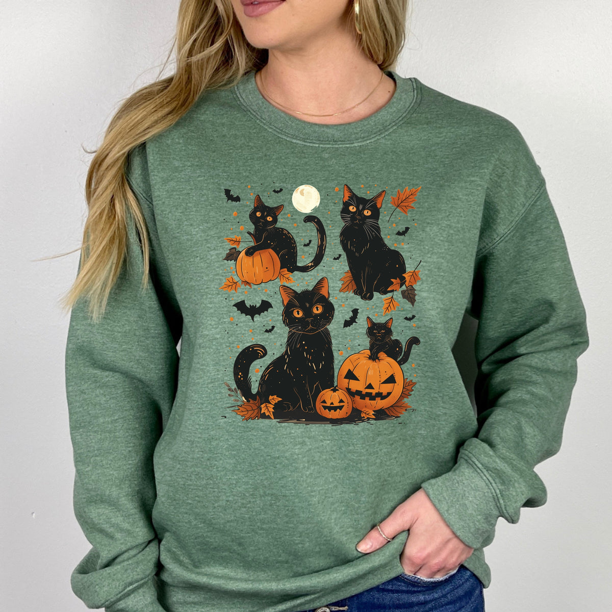 Black Cat Halloween - Adult Crewneck Sweatshirt