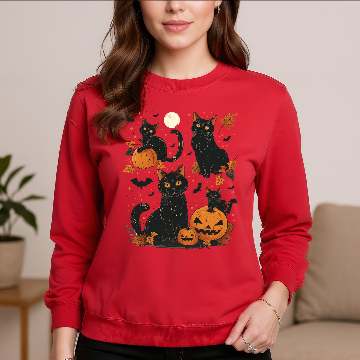 Black Cat Halloween - Adult Crewneck Sweatshirt