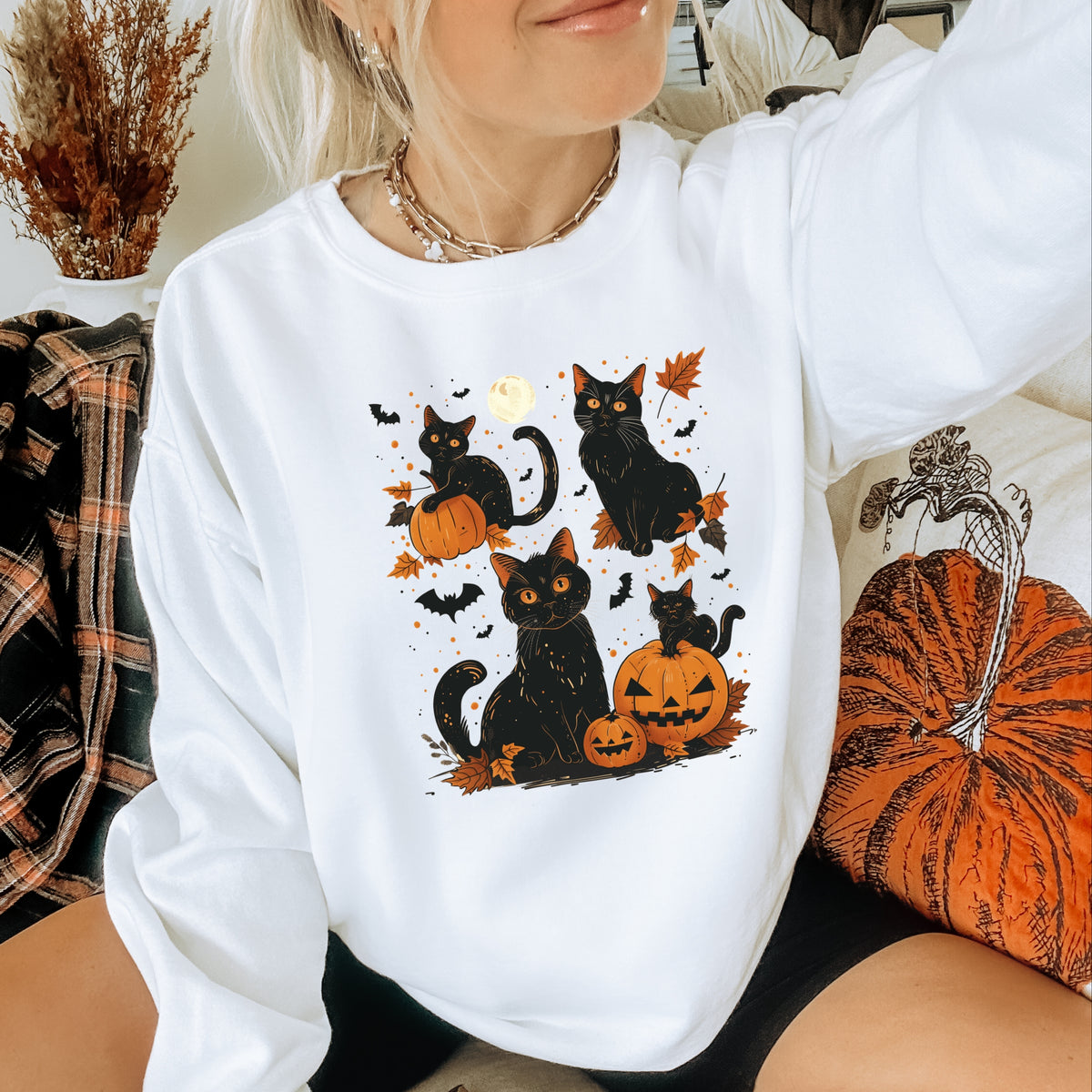 Black Cat Halloween - Adult Crewneck Sweatshirt