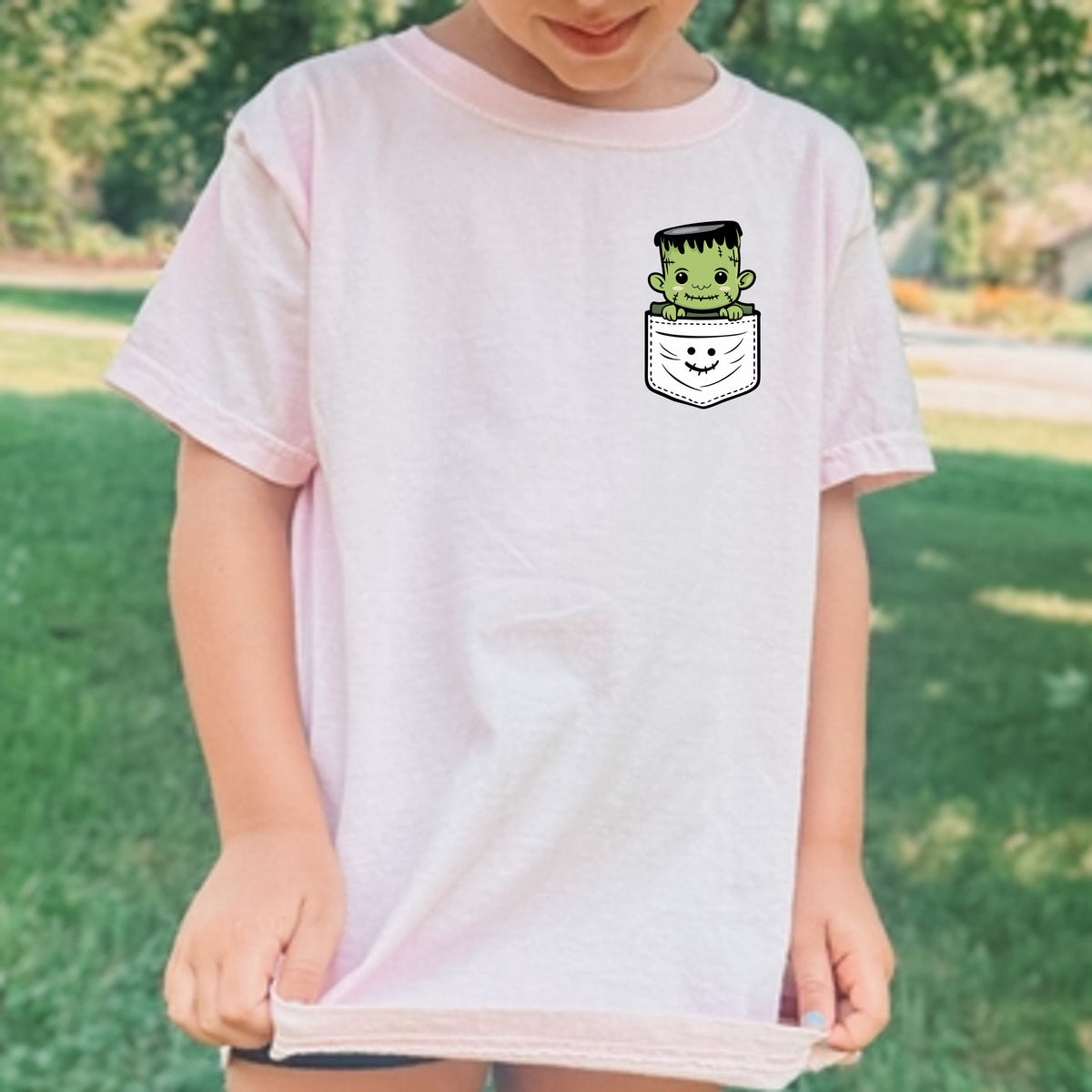 Frankenstein Halloween Pocket Print Printed Comfort Colors T-Shirt 