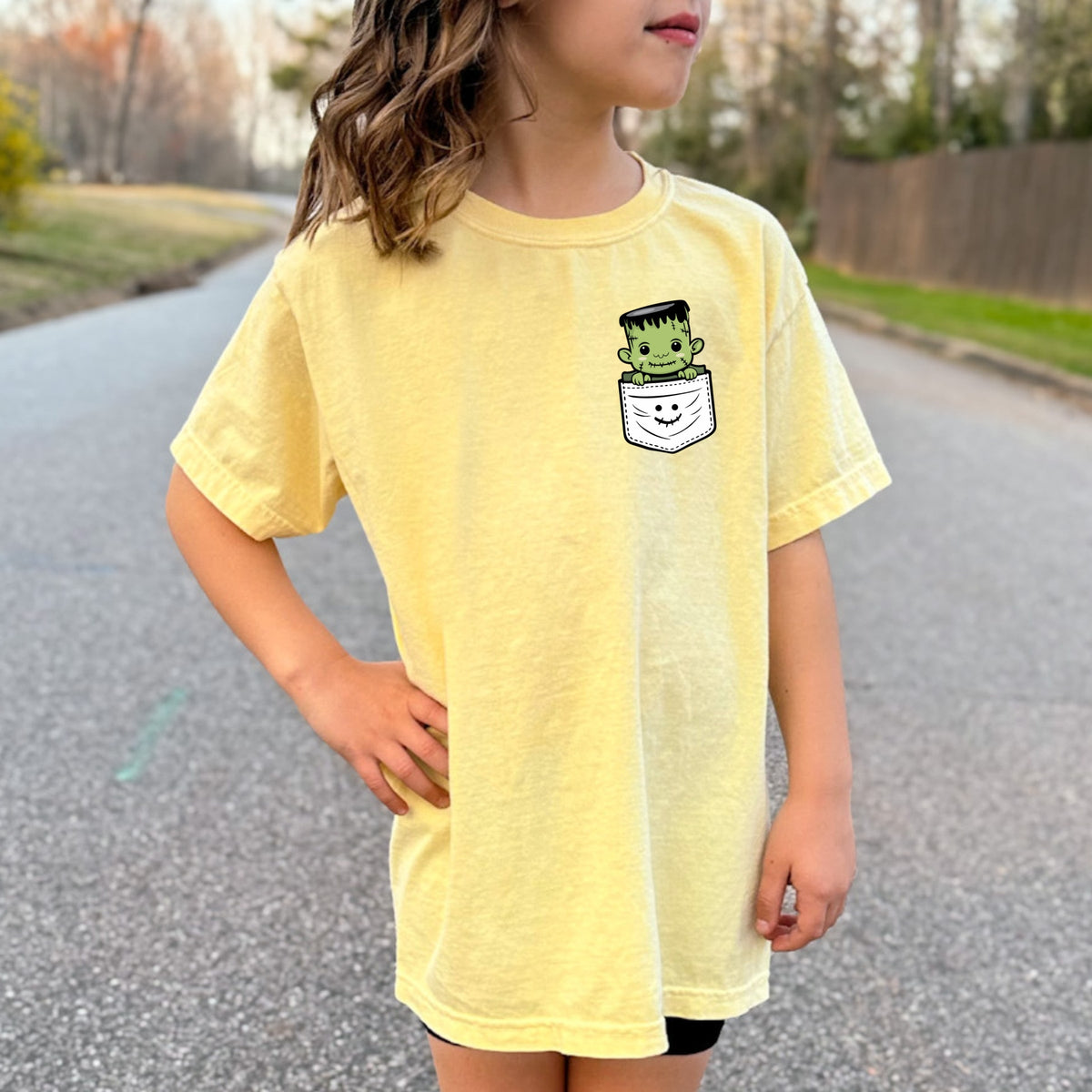 Frankenstein Halloween Pocket Print Printed Comfort Colors T-Shirt 
