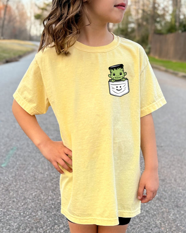 Frankenstein Halloween Pocket Print Printed Comfort Colors T-Shirt 