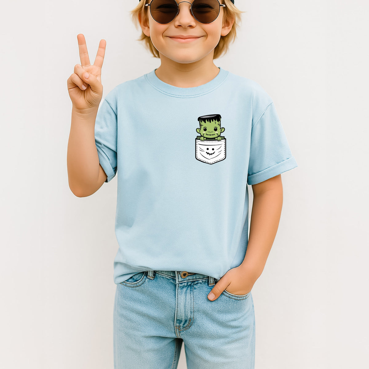 Frankenstein Halloween Pocket Print Printed Comfort Colors T-Shirt 