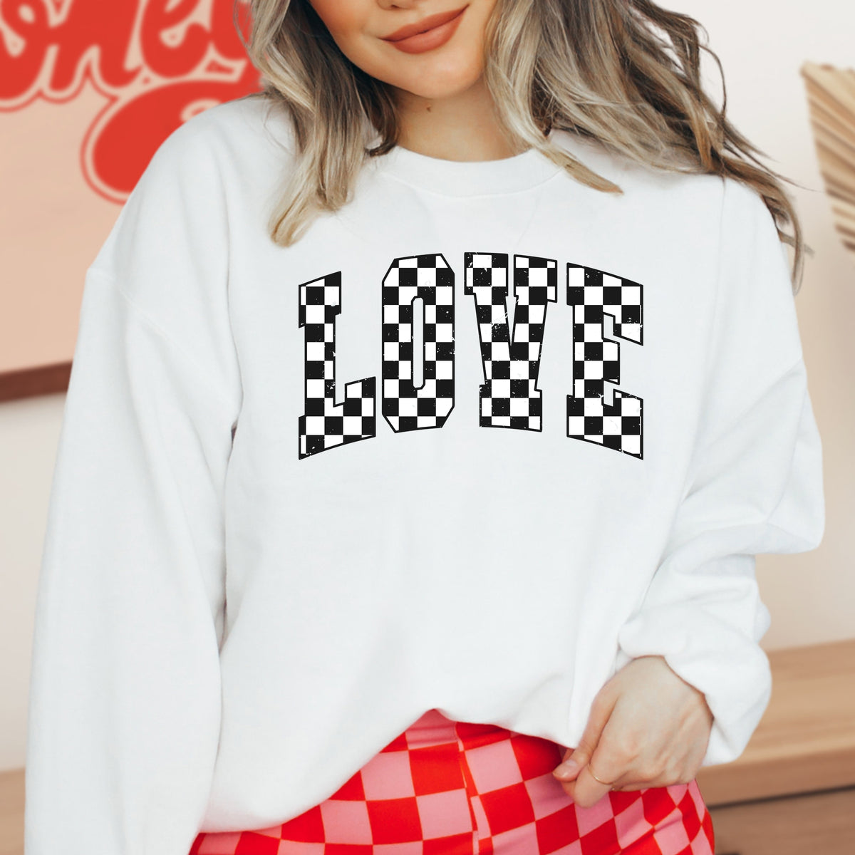 Varsity Checkered Love - Adult Crewneck Sweatshirt