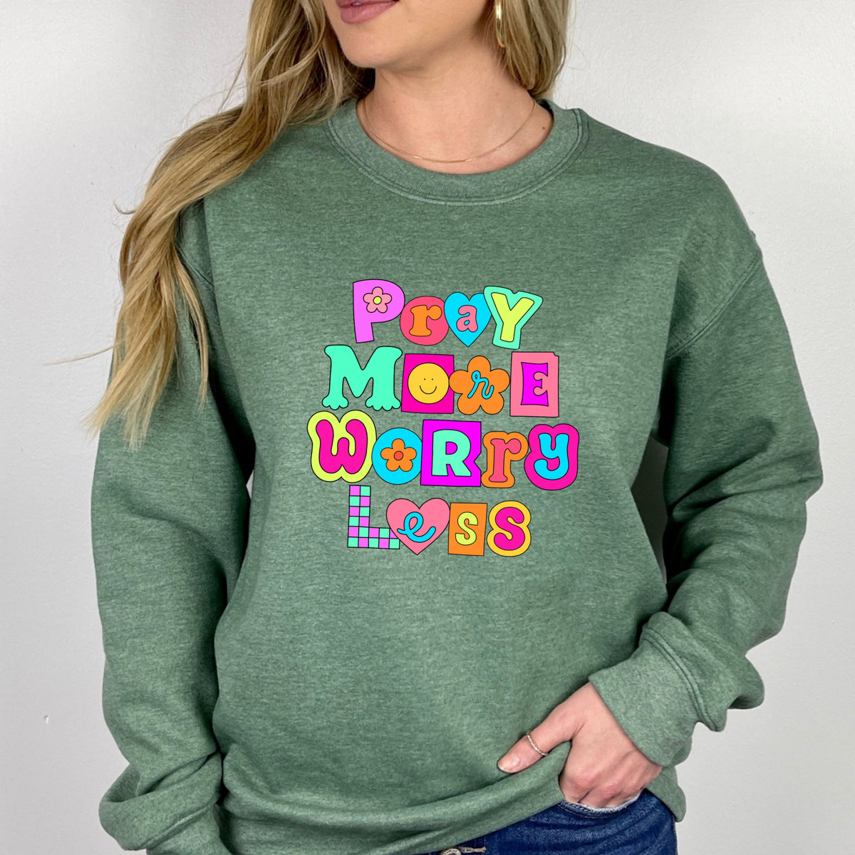 Pray More Worry Less - Adult Crewneck Sweatshirt