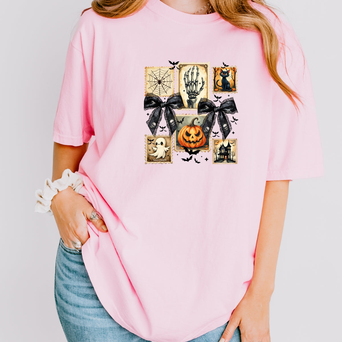 Vintage Halloween Stamp Set Ghost, Pumpkin, Cat, Skeleton & Haunted House Art Printed Comfort Colors T-Shirt 