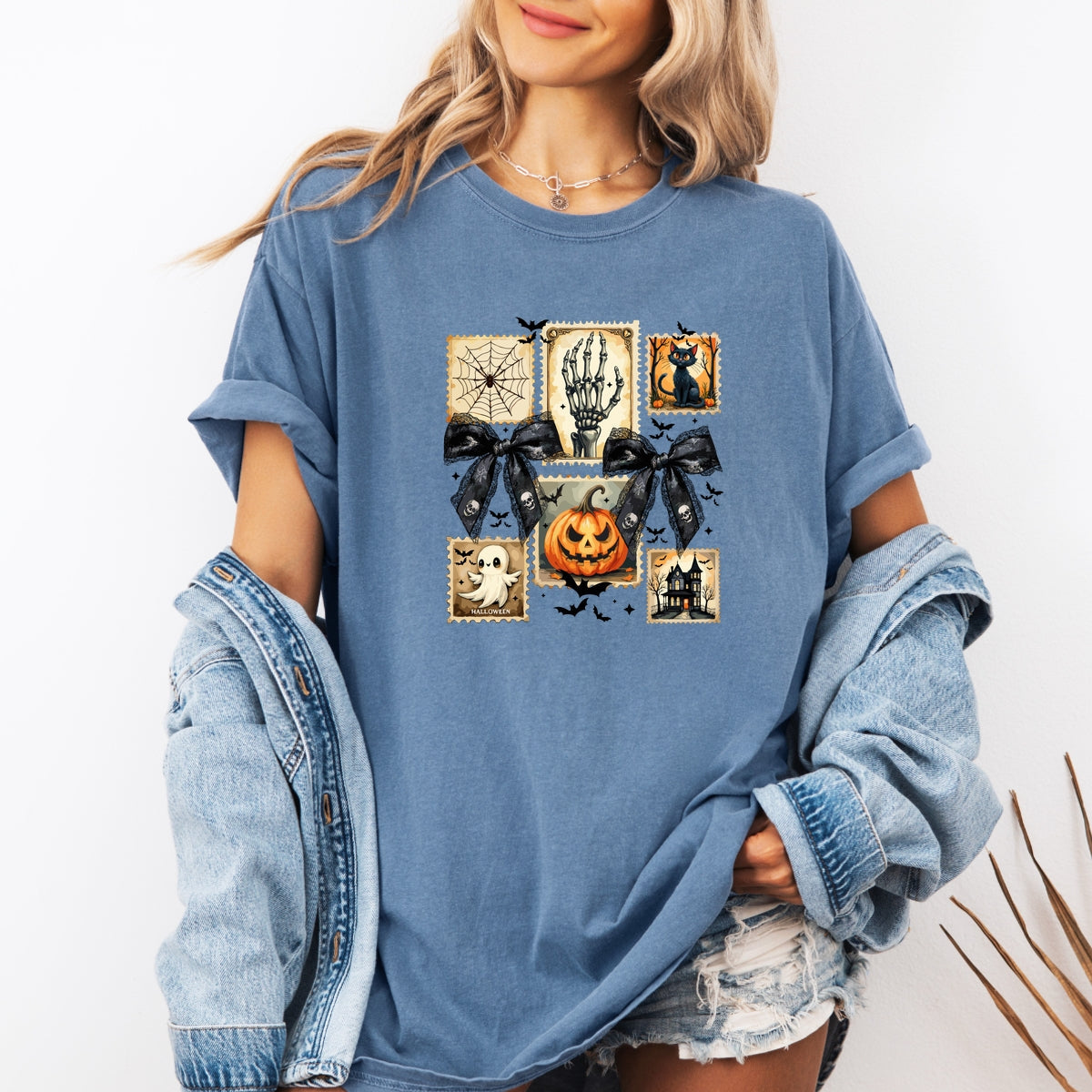 Vintage Halloween Stamp Set Ghost, Pumpkin, Cat, Skeleton & Haunted House Art Printed Comfort Colors T-Shirt 