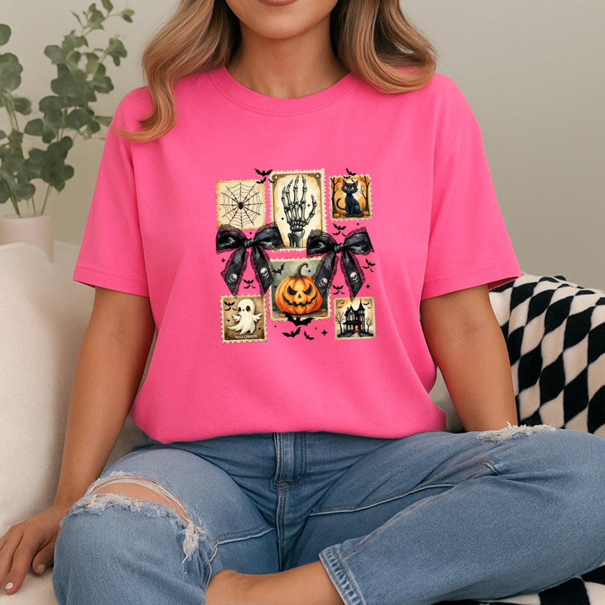 Vintage Halloween Stamp Set Ghost, Pumpkin, Cat, Skeleton & Haunted House Art Printed Comfort Colors T-Shirt 