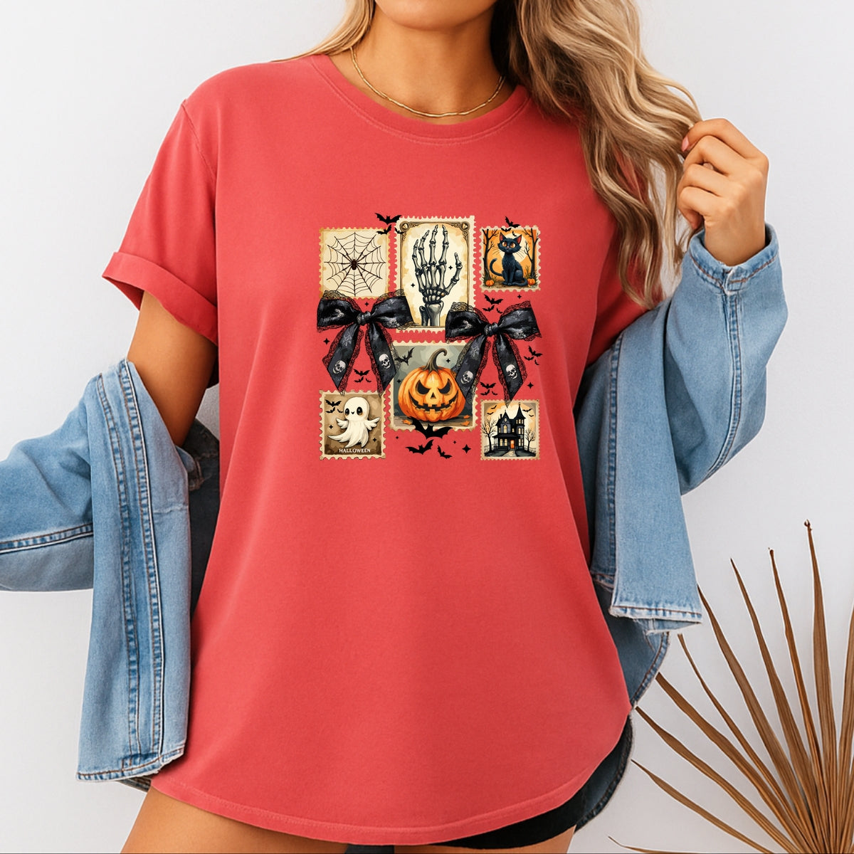 Vintage Halloween Stamp Set Ghost, Pumpkin, Cat, Skeleton & Haunted House Art Printed Comfort Colors T-Shirt 