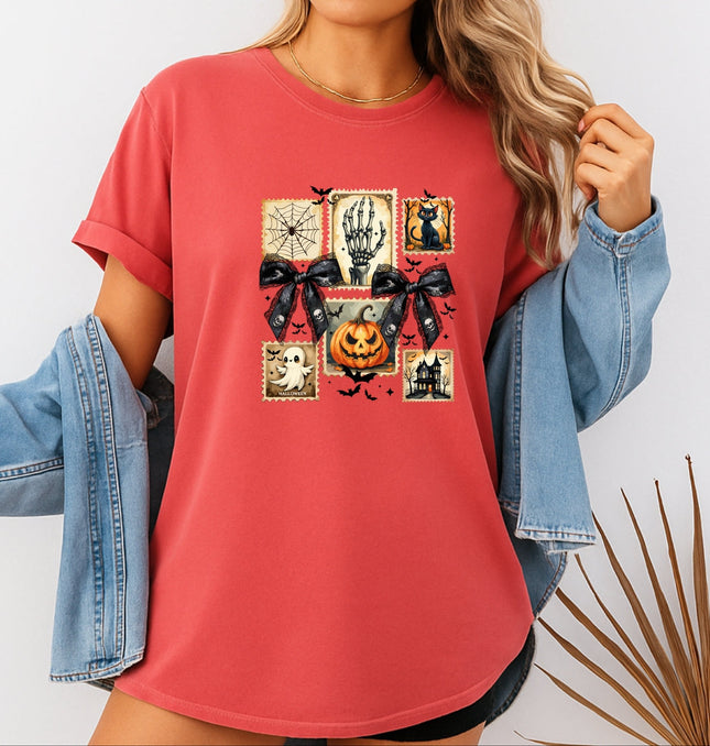 Vintage Halloween Stamp Set Ghost, Pumpkin, Cat, Skeleton & Haunted House Art Printed Comfort Colors T-Shirt 