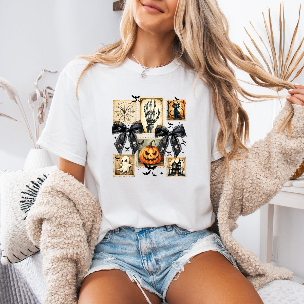 Vintage Halloween Stamp Set Ghost, Pumpkin, Cat, Skeleton & Haunted House Art Printed Comfort Colors T-Shirt 