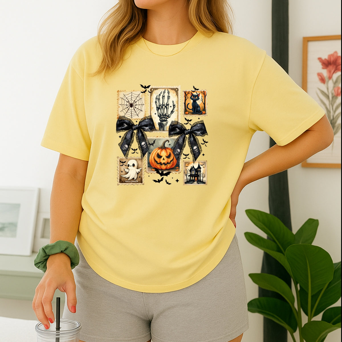 Vintage Halloween Stamp Set Ghost, Pumpkin, Cat, Skeleton & Haunted House Art Printed Comfort Colors T-Shirt 