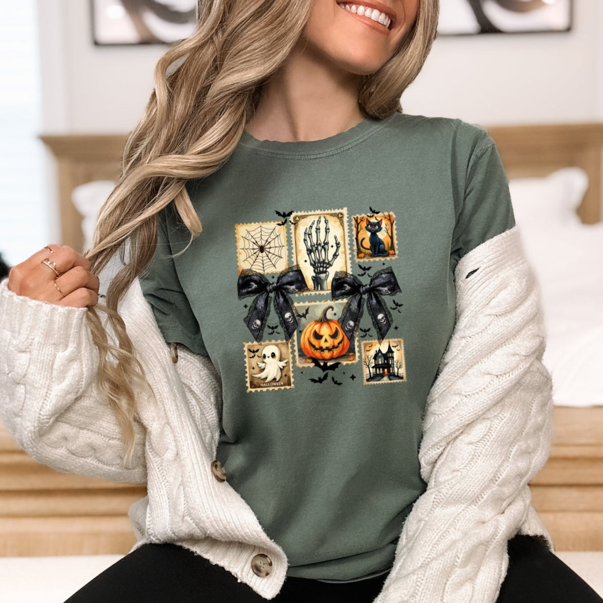 Vintage Halloween Stamp Set Ghost, Pumpkin, Cat, Skeleton & Haunted House Art Printed Comfort Colors T-Shirt 