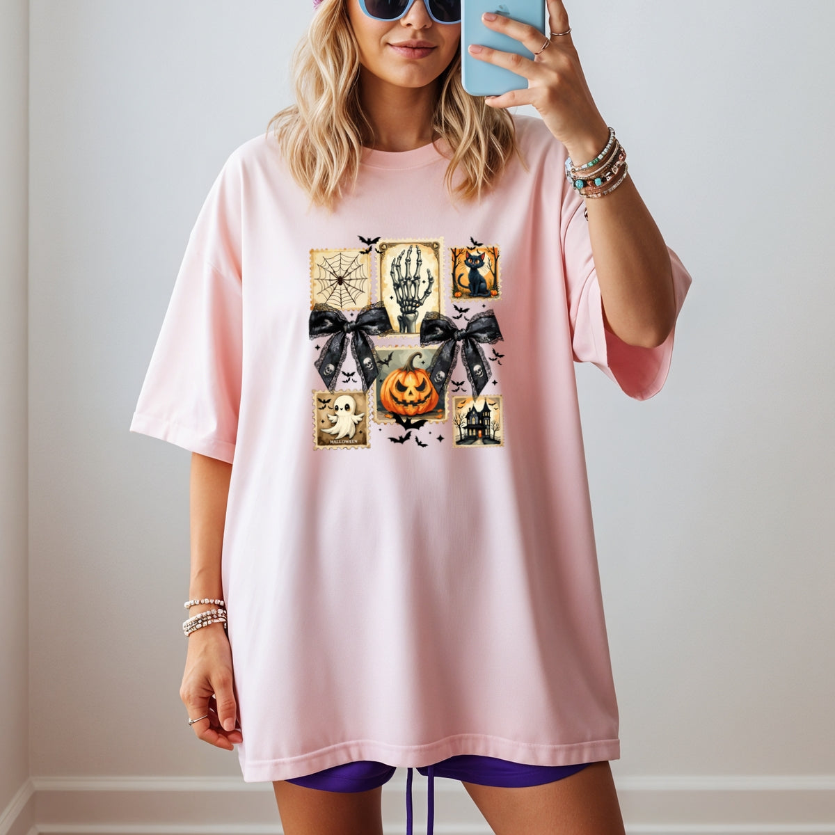 Vintage Halloween Stamp Set Ghost, Pumpkin, Cat, Skeleton & Haunted House Art Printed Comfort Colors T-Shirt 