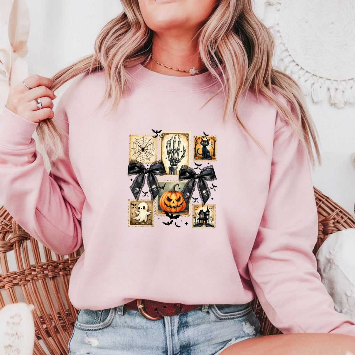 Vintage Halloween Stamp Set Ghost, Pumpkin, Cat, Skeleton & Haunted House Art Printed Crewneck Sweatshirt