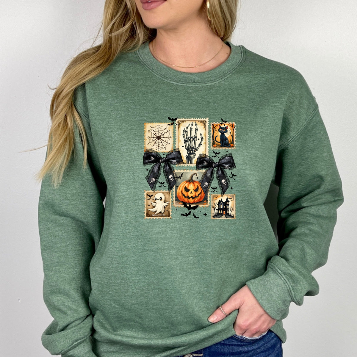 Vintage Halloween Stamp Set Ghost, Pumpkin, Cat, Skeleton & Haunted House Art Printed Crewneck Sweatshirt