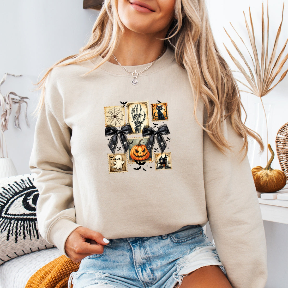 Vintage Halloween Stamp Set Ghost, Pumpkin, Cat, Skeleton & Haunted House Art Printed Crewneck Sweatshirt