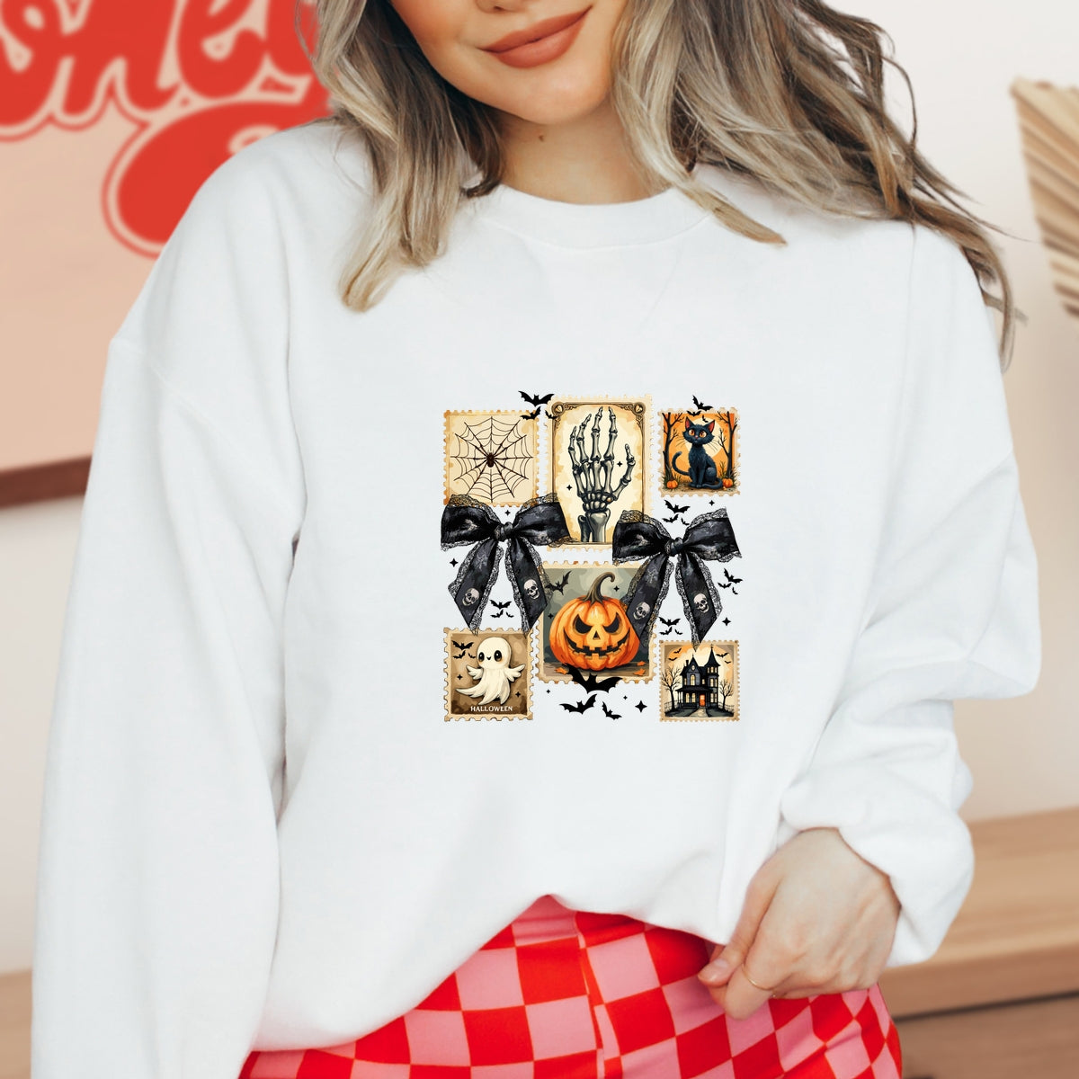 Vintage Halloween Stamp Set Ghost, Pumpkin, Cat, Skeleton & Haunted House Art Printed Crewneck Sweatshirt