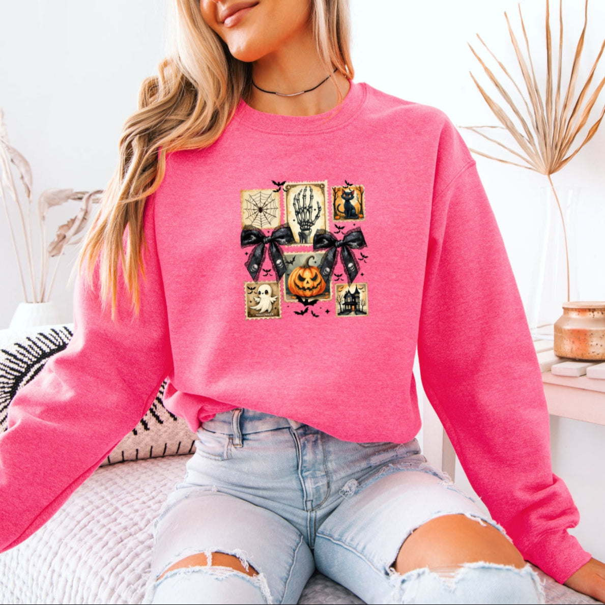 Vintage Halloween Stamp Set Ghost, Pumpkin, Cat, Skeleton & Haunted House Art Printed Crewneck Sweatshirt