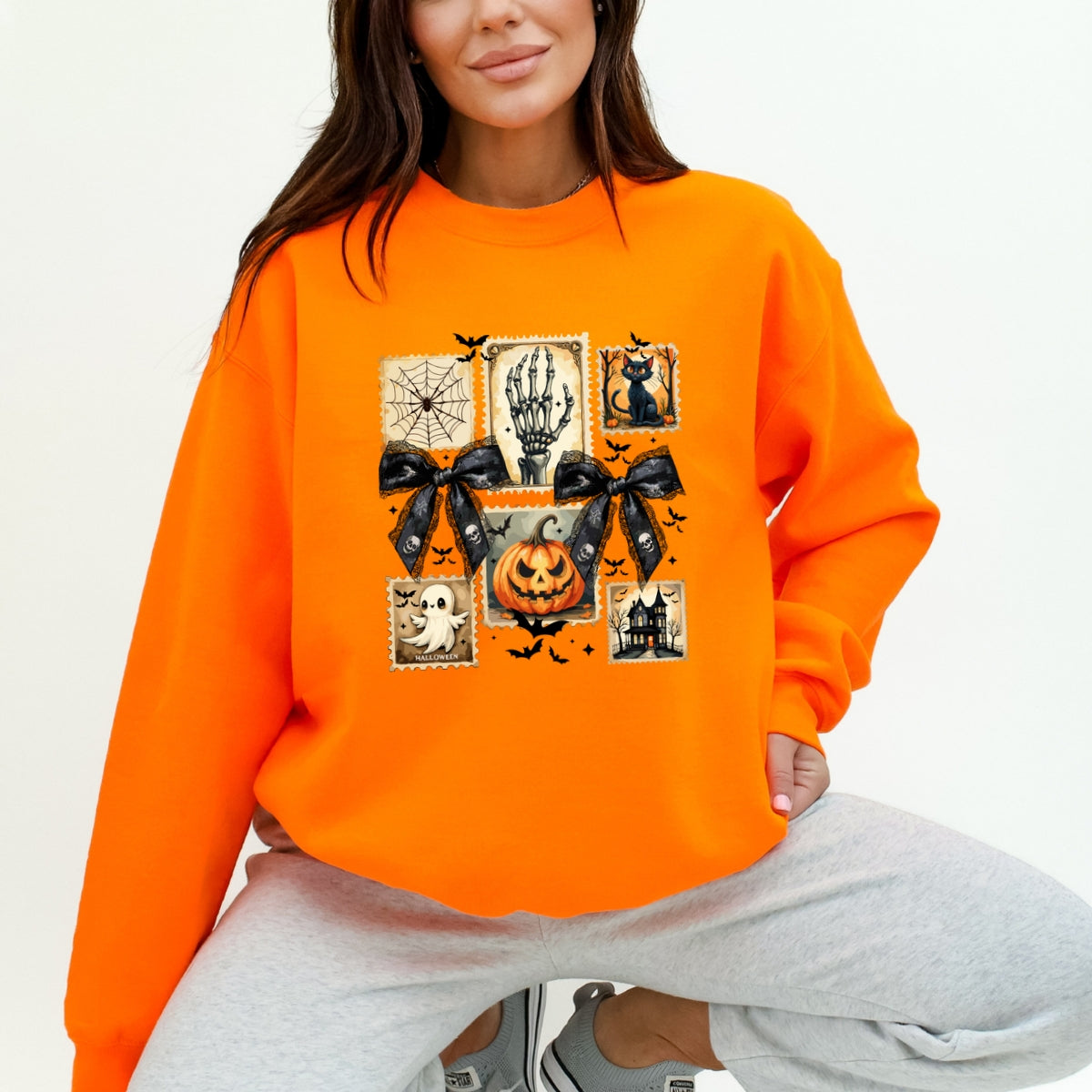 Vintage Halloween Stamp Set Ghost, Pumpkin, Cat, Skeleton & Haunted House Art Printed Crewneck Sweatshirt