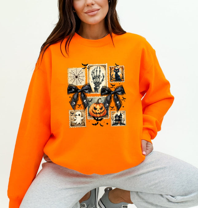 Vintage Halloween Stamp Set Ghost, Pumpkin, Cat, Skeleton & Haunted House Art Printed Crewneck Sweatshirt