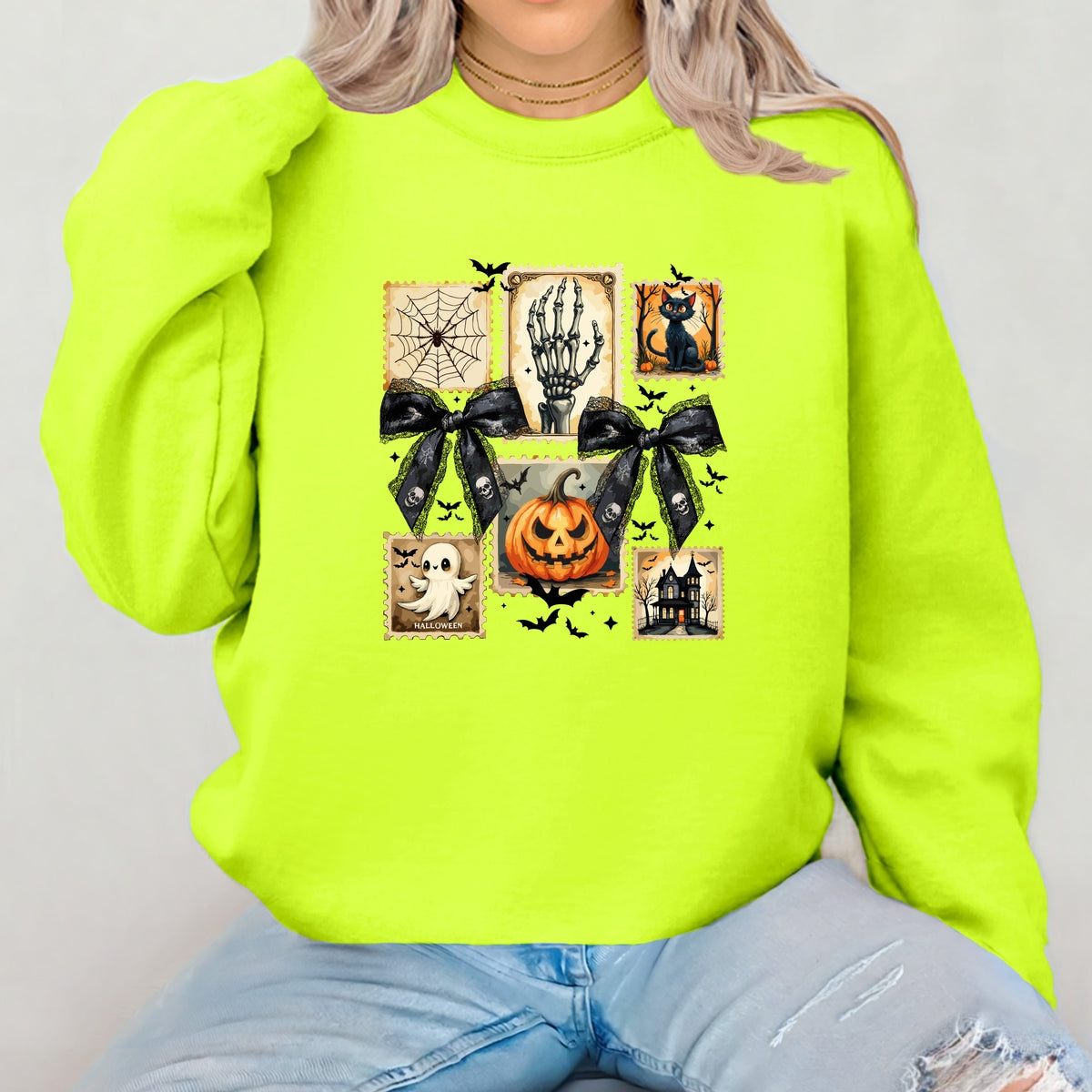 Vintage Halloween Stamp Set Ghost, Pumpkin, Cat, Skeleton & Haunted House Art Printed Crewneck Sweatshirt