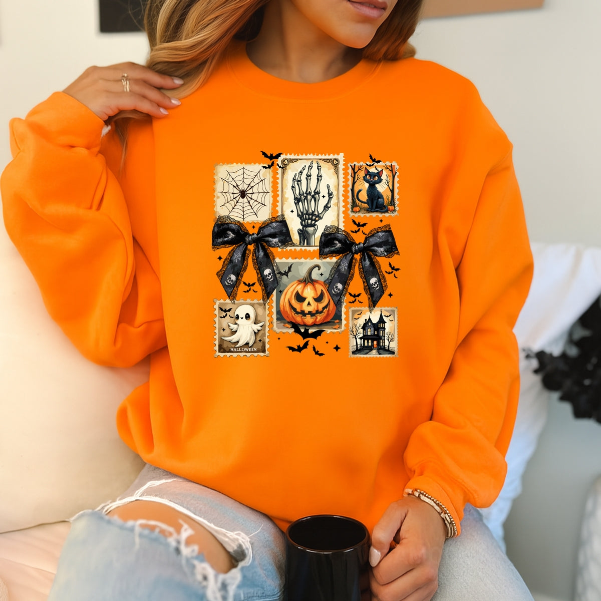 Vintage Halloween Stamp Set Ghost, Pumpkin, Cat, Skeleton & Haunted House Art Printed Crewneck Sweatshirt