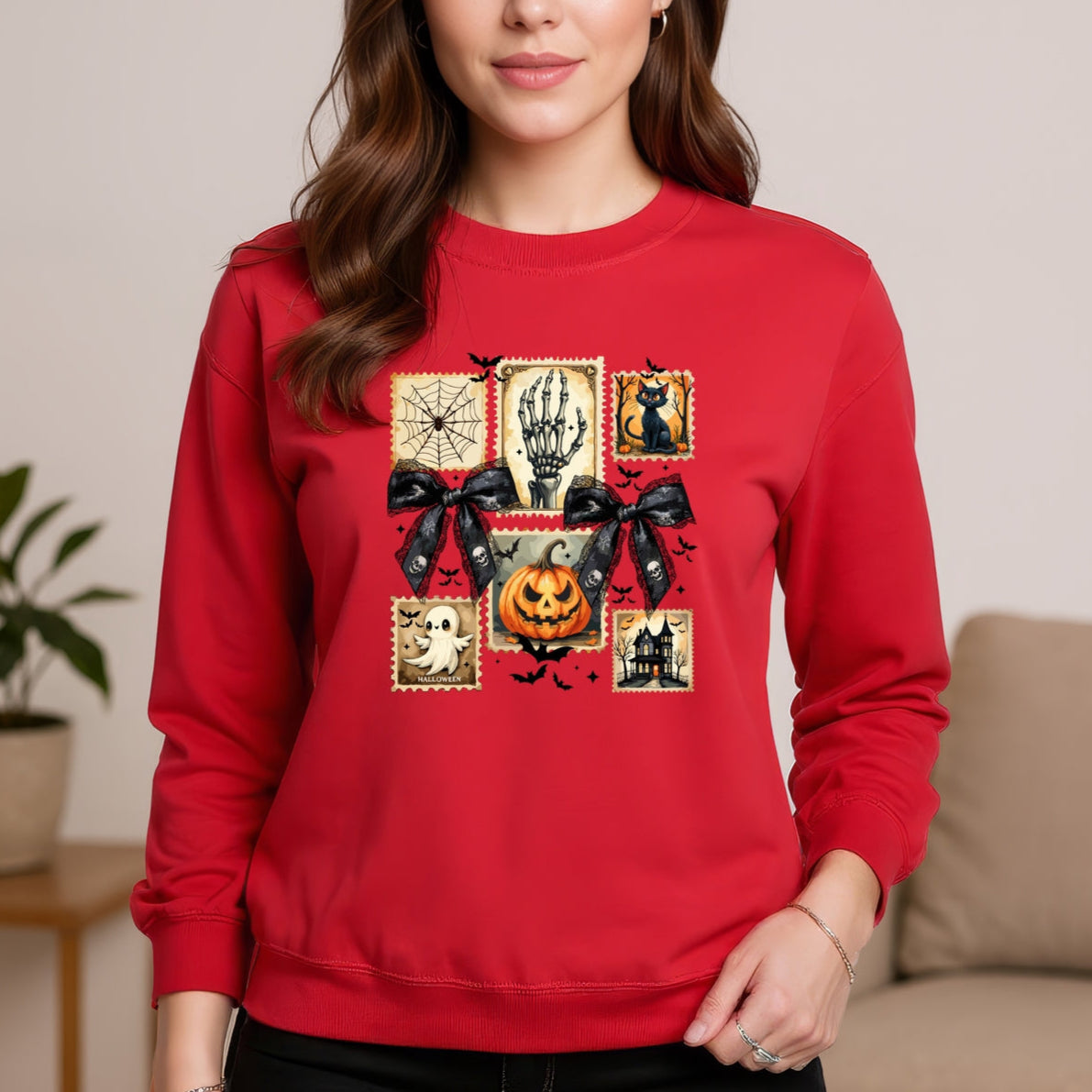 Vintage Halloween Stamp Set Ghost, Pumpkin, Cat, Skeleton & Haunted House Art Printed Crewneck Sweatshirt