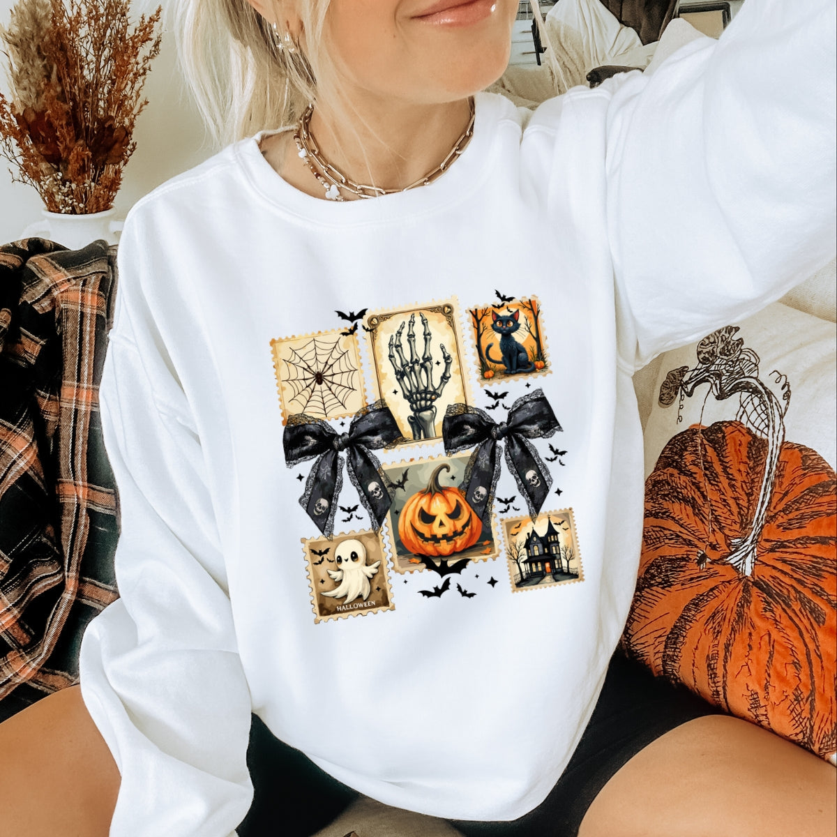 Vintage Halloween Stamp Set Ghost, Pumpkin, Cat, Skeleton & Haunted House Art Printed Crewneck Sweatshirt