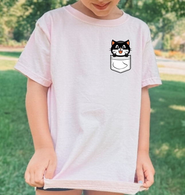 Black Cat Halloween Pocket Print Printed Comfort Colors T-Shirt 