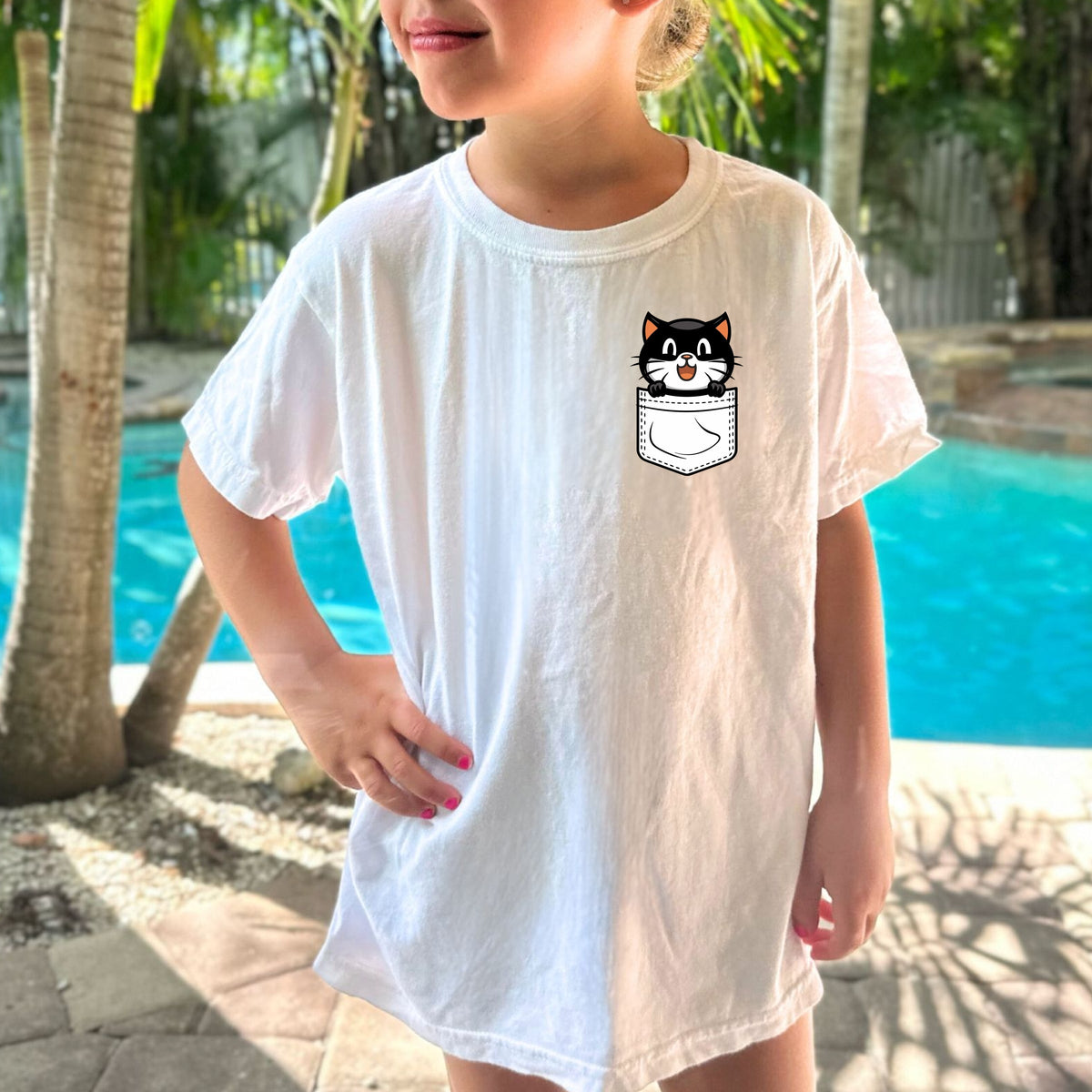 Black Cat Halloween Pocket Print Printed Comfort Colors T-Shirt 