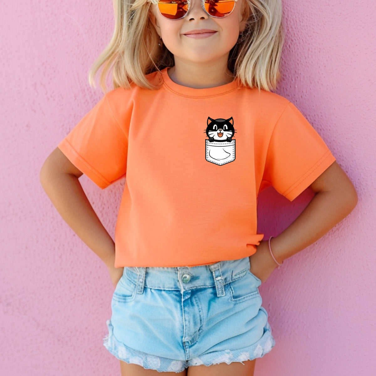 Black Cat Halloween Pocket Print Printed Comfort Colors T-Shirt 