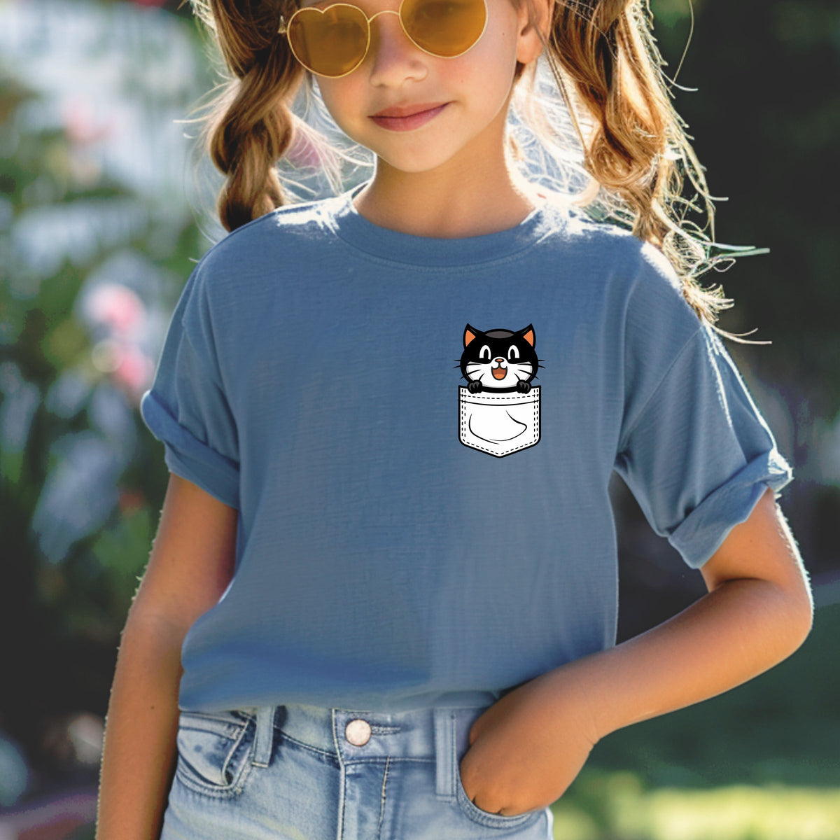 Black Cat Halloween Pocket Print Printed Comfort Colors T-Shirt 